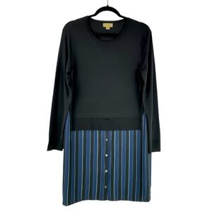Carlisle New York Mixed Media Dress Black Sweater Bodice Blue Striped Skirt M
